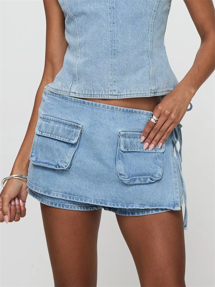 CHRONSTYLE Women Summer Denim Shorts Slim Casual Drawstring Mini Jeans Aesthetic Skirt Shorts for Beach Vacation Club Streetwear