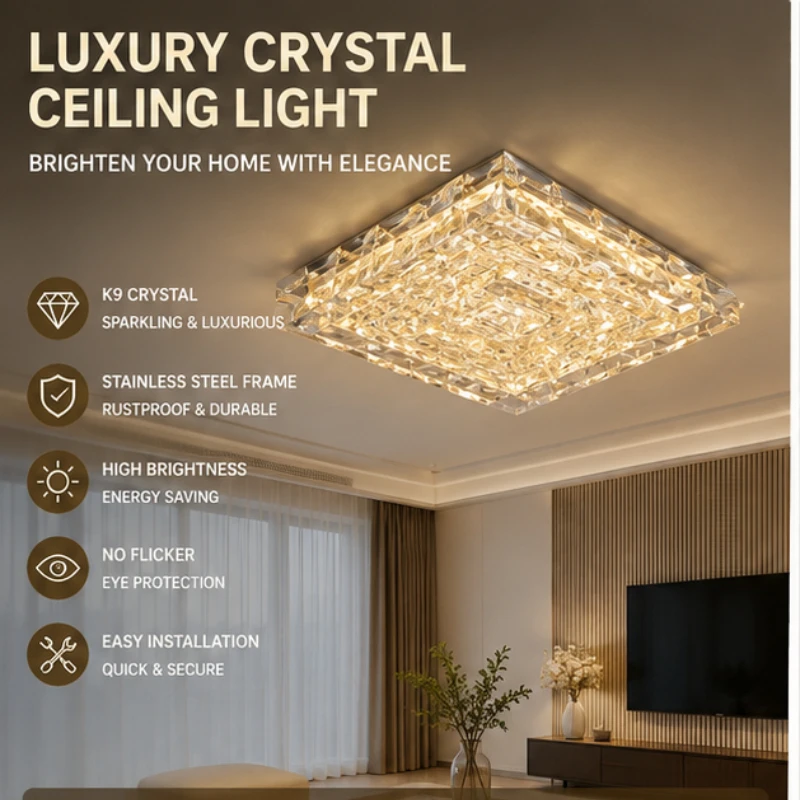 

Popular French Style Light Luxury Ceiling Light Living Room Entrance Balcony Stainless Steel Square Bedroom Crystal Light