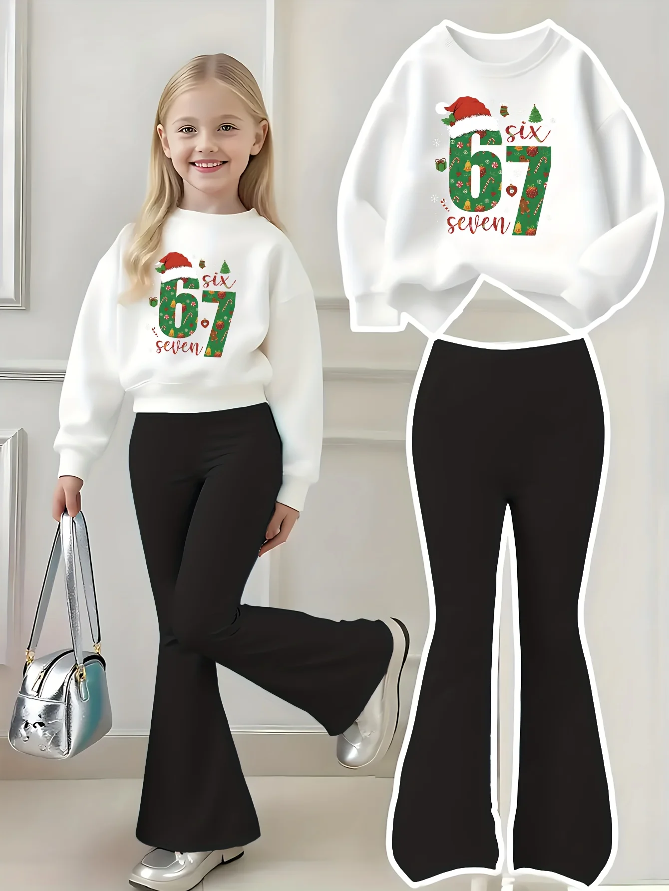 Set aus 67-Sweatshirt und Schlaghose für Mädchen mit schrulligem und lustigem „Six Seven“-Zahlen-Design, Weihnachtsmütze, Schneeflocke und Bonbon-Element-Druck, Rundhals-Sweatshirt und schwarze