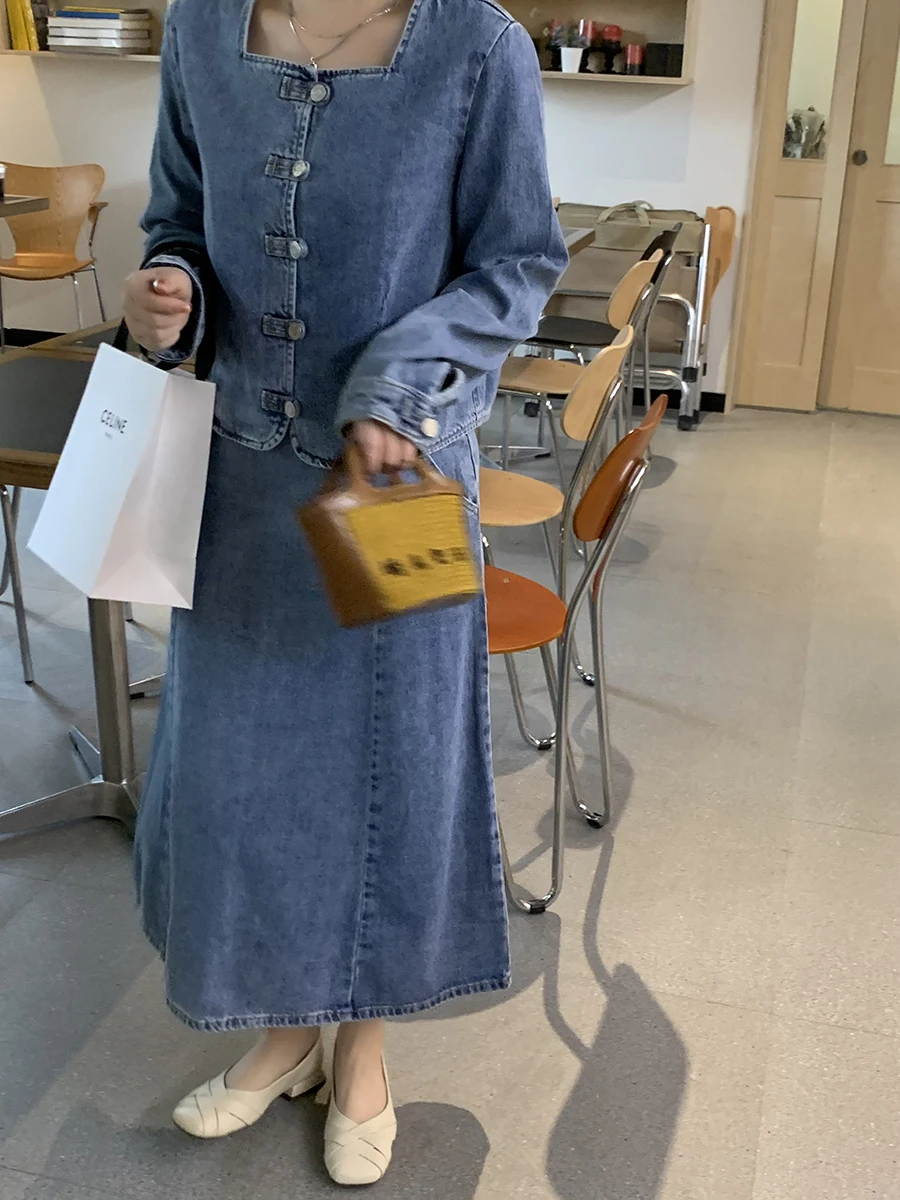 

Весенняя джинсовая куртка с квадратным воротником и пышными рукавами, универсальная, приталенная, на пуговицах, из хлопка, однотонная, для повседневной носки