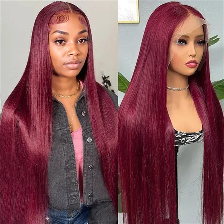 

250% 99J Red Colored Lace Front Human Hair Wigs Bone Straight Burgundy 13X4 Transparent Lace Frontal Wigs For Women