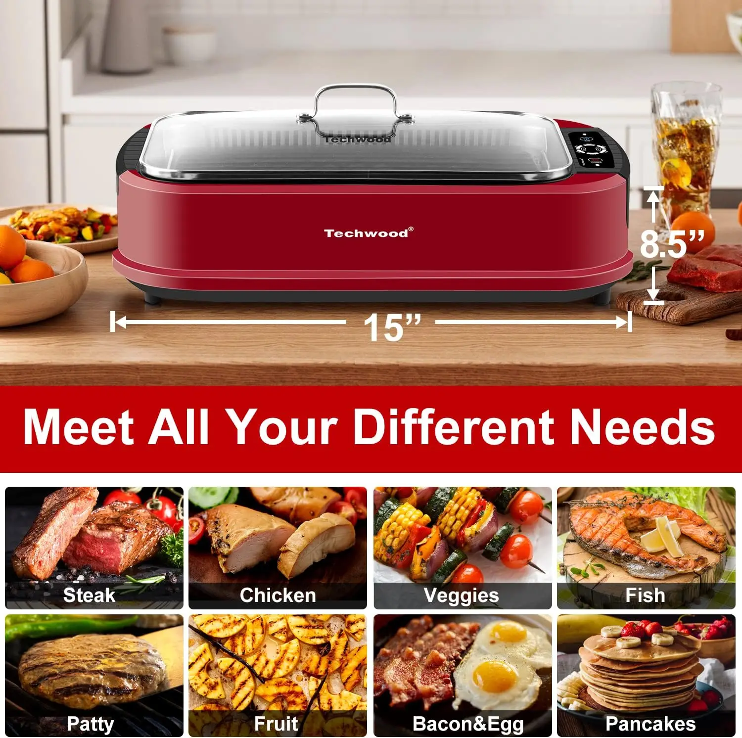 1500W Electric Indoor Grill with Tempered Glass Lid, Portable Non-stick BBQ Korean Grill, Turbo Smoke Extractor Technology