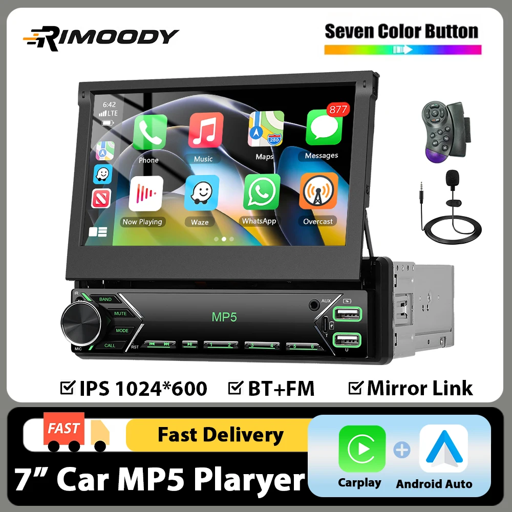 Rimoody 1 Din 7 1080P HD Touch Screen MP5 Lettore multimediale Wired Carplay Android Auto Mirror Link Autoradio BT FM USB Tipo-C