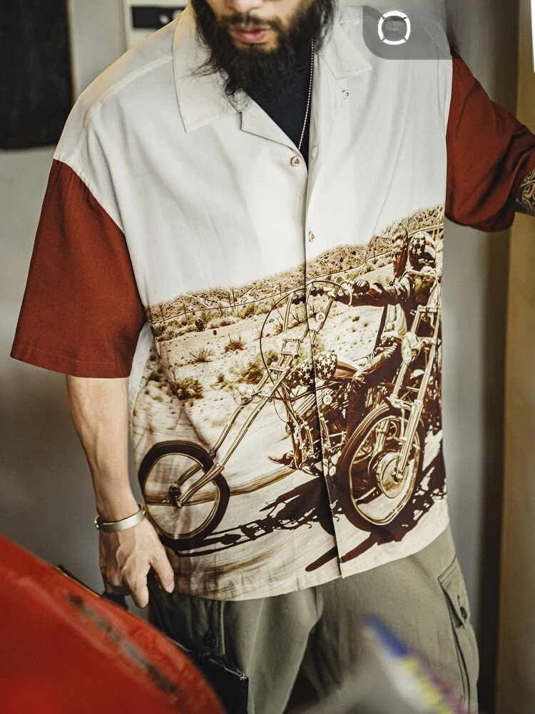 

Мужская летняя рубашка Maden с кубинским воротником, тонкая, с коротким рукавом, с принтом, свободного кроя, в американском стиле, рабочая одежда, винтажная, с цветовыми блоками, драпированная, для повседневной носки.