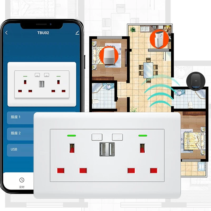 1 PCS Tuya Wifi Socket With Dual USB 5V/2.1A Smart Home Switch UK Plug White Plastic For Google Home Alexa UK Plug