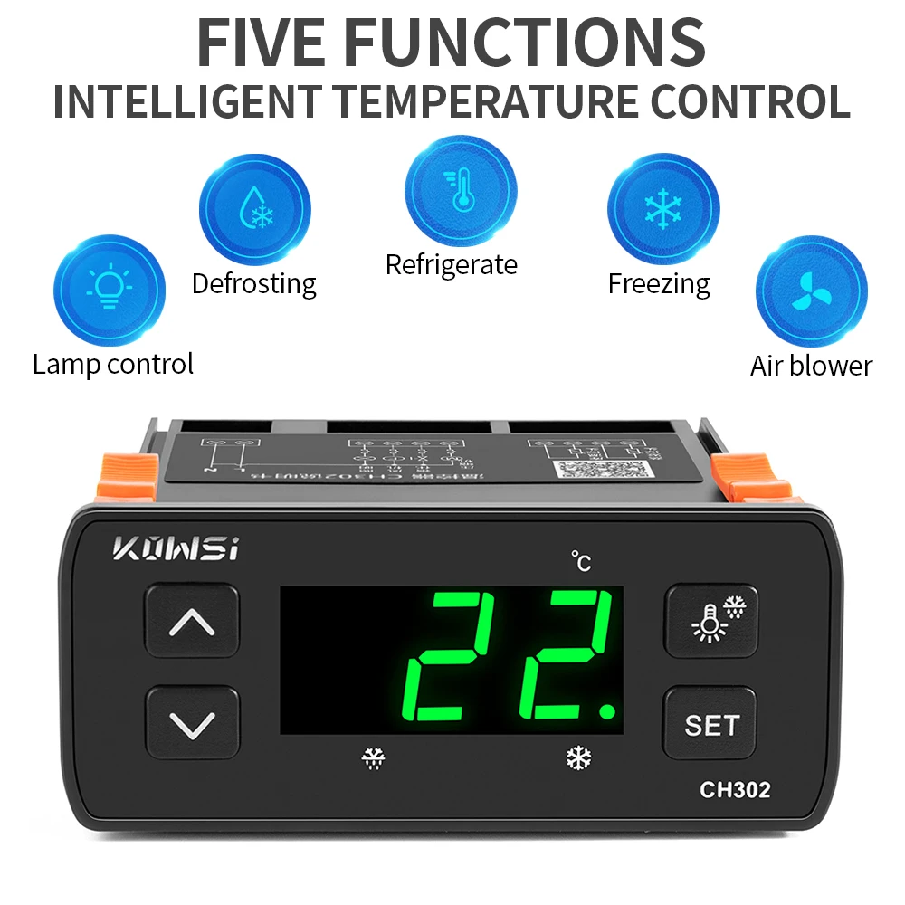 Digital Temperature Controller Thermoregulator Refrigerator Defrosting Alarm Heating Control with Dual Temp Sensor KWS-CH302