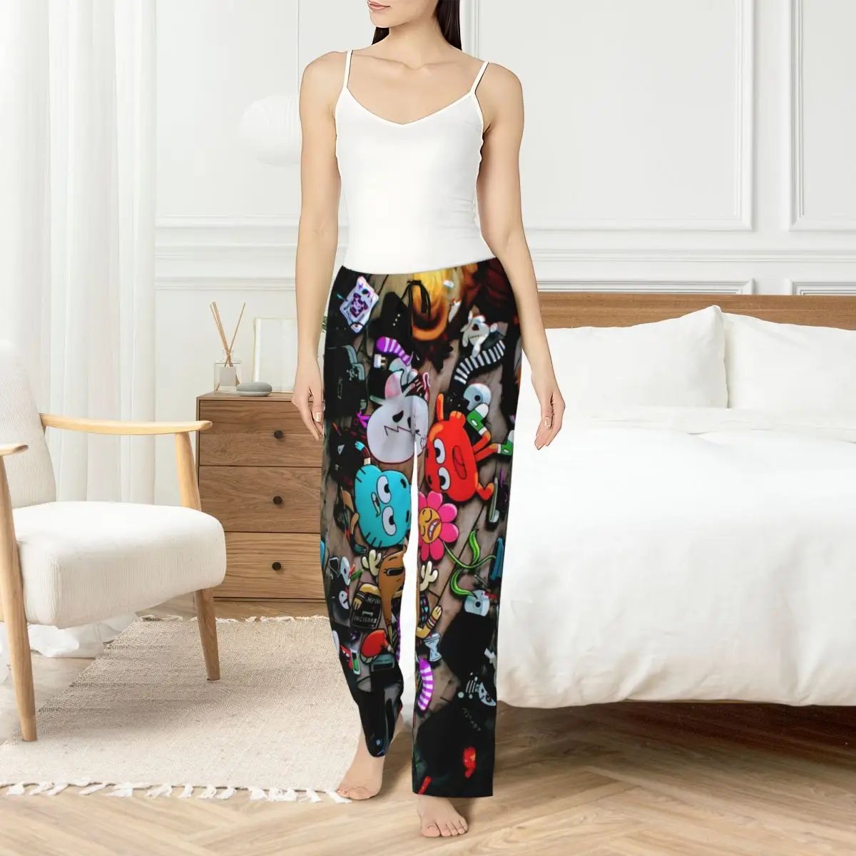 

Custom The Amazing World Of Gumball Pajama Pants for Women Funny Cartoon Lounge Sleep Stretch Sleepwear Bottoms with Pockets