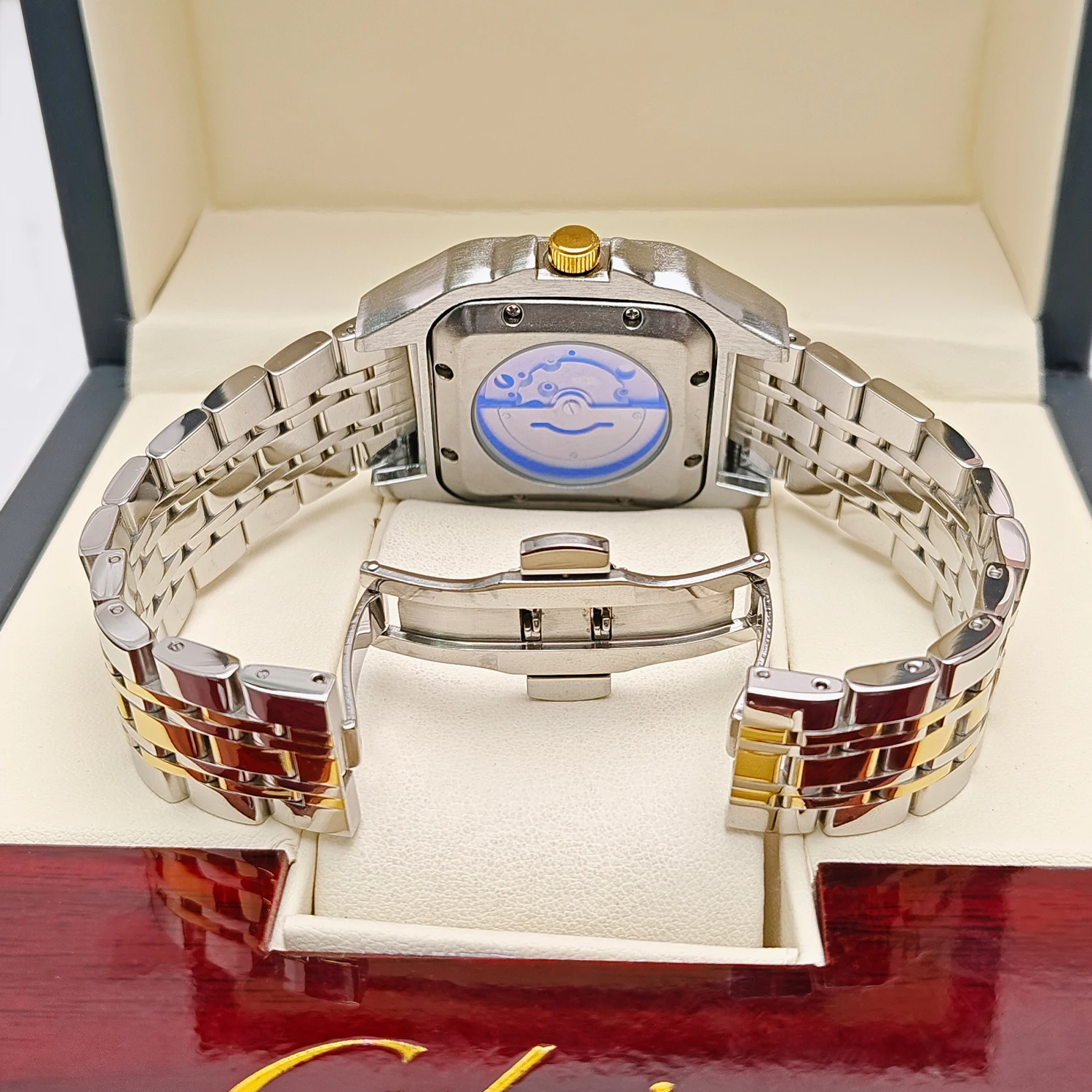 ساعة ميكانيكية رجالية مربعة أصلية جديدة عالية الجودة، لف تلقائي، تصميم هيكل عظمي، حزام من الفولاذ المقاوم للصدأ، مع عرض التقويم، سلسلة تانك على الطراز الأوروبي والأمريكي، ساعة رجالية عصرية للأولاد في عيد الحب