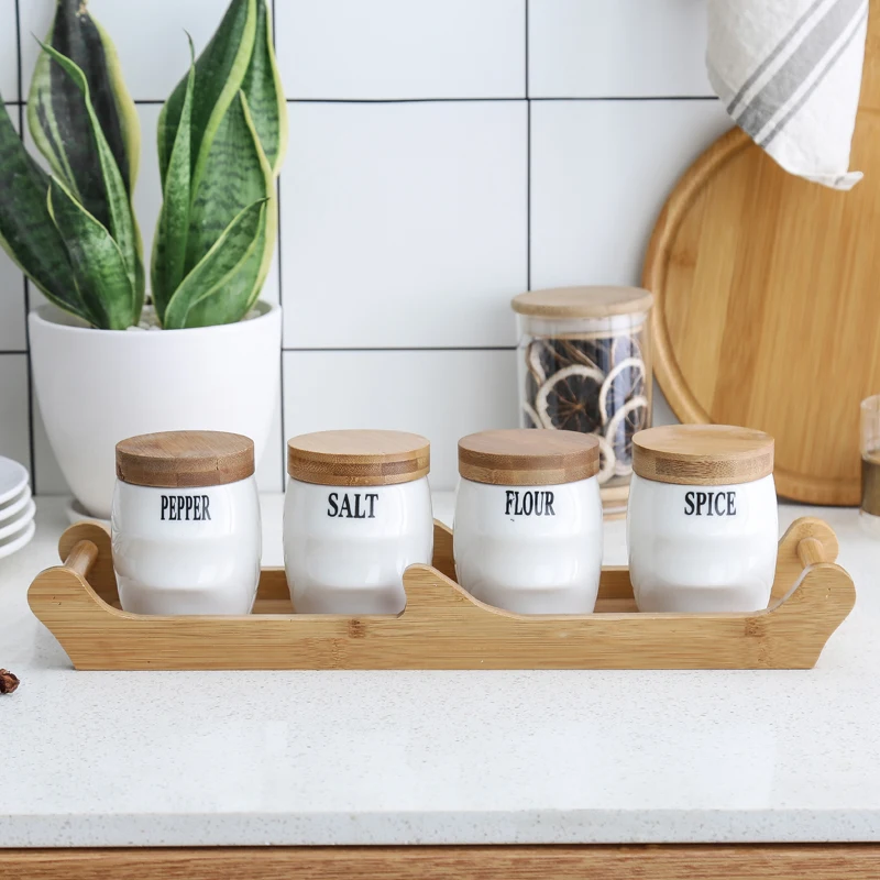 White Ceramic Kitchen Seasoning Set Wooden Cover Salt Shaker Spice Jar Sealed Oil Bottle Accessories