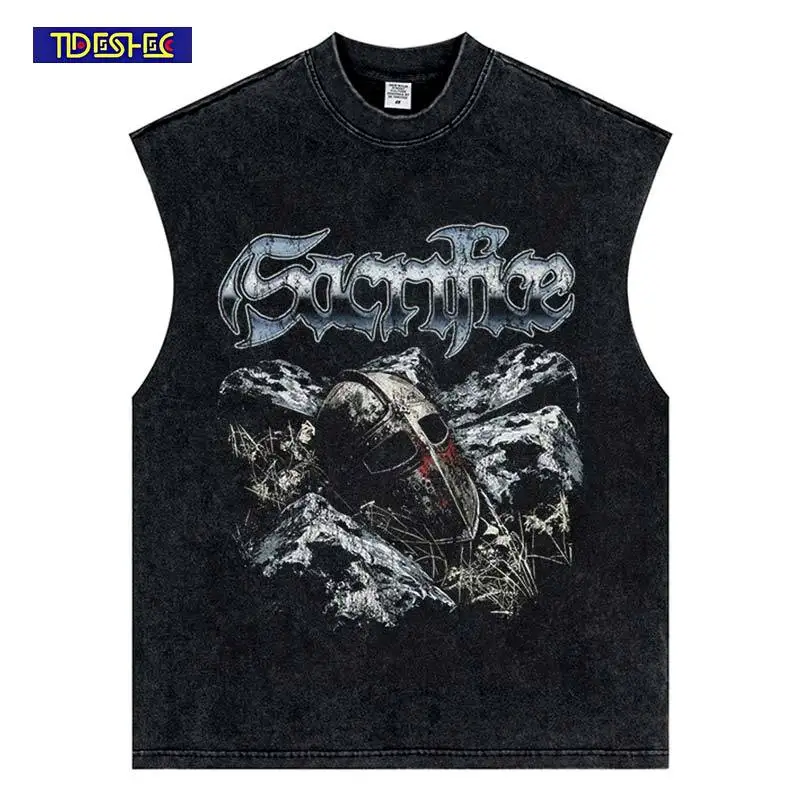 

Уличная одежда в стиле Харадзюку, летний жилет с принтом шлема в стиле панк, винтажные топы из стираного хлопка в стиле хип-хоп, нейтральный свободный топ без рукавов