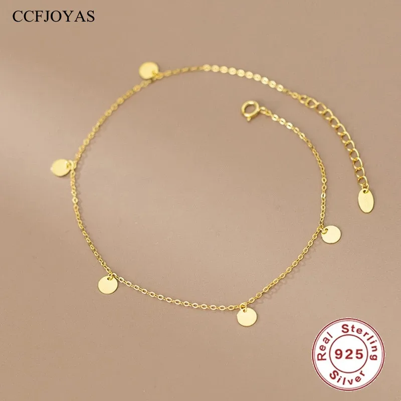 CCFJOYAS 925 Sterling Silver 14K Gold-plated Shiny Small Gold Disc Bracelet for Women Mini Small Sequins Simple Chain Bracelet