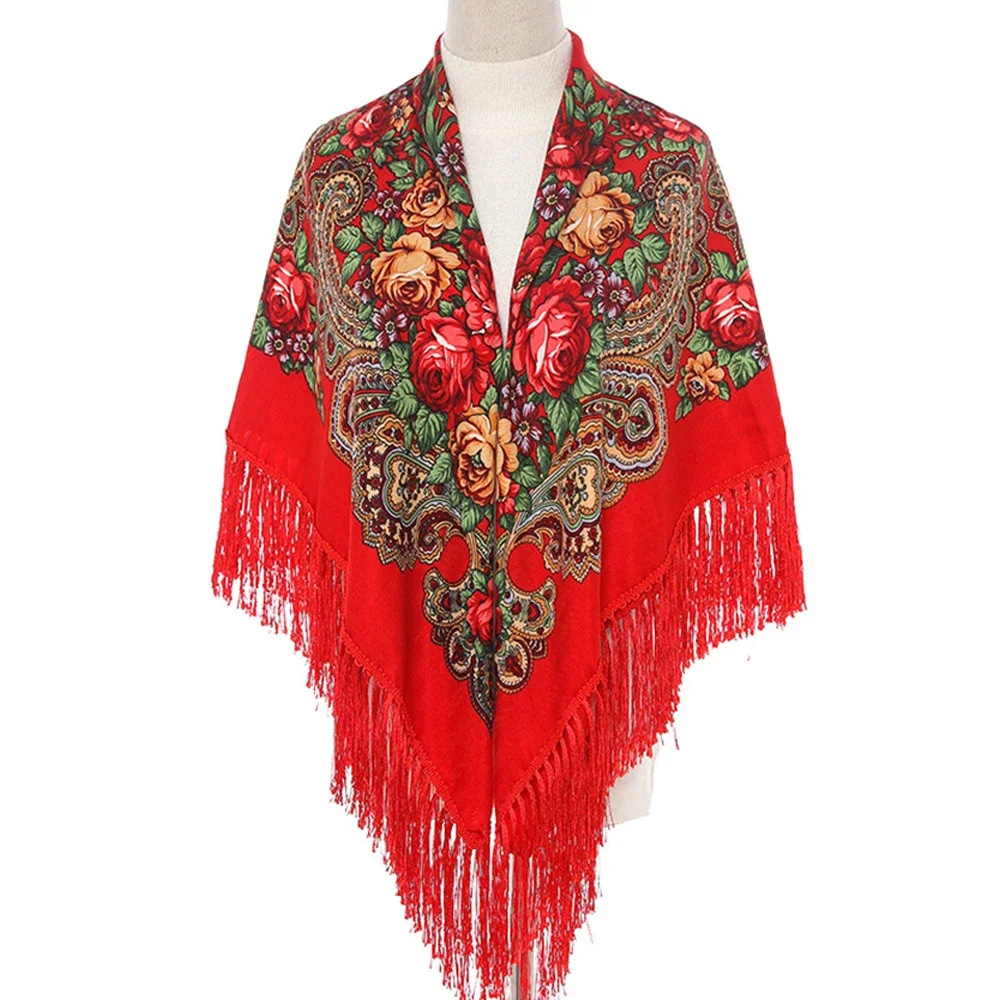 

Women's Scarf Muslim Russian Ethnic Floral Vintage Tassel Long Scarf Headscarf Knitted Elegant Beautiful Warm Shawl