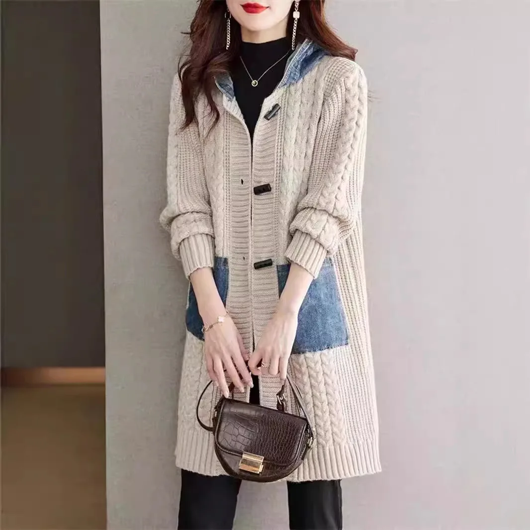 Long Knit Sweater Cardigan Jacket Coat Women Spliced Denim Hooded Pocket Loose Overcoat Autumn Winter Thicken Sweaters Coat