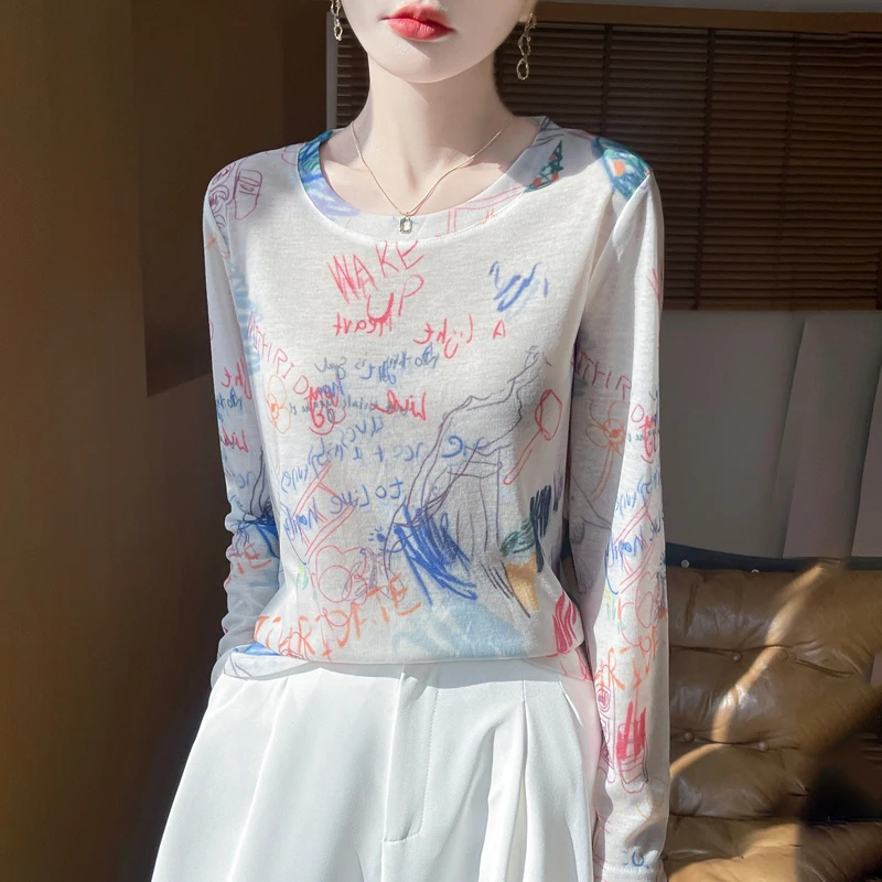 

Spring and Autumn New Superfine Worsted Knitwear Women's Ink Printing Round Neck Long Sleeve T-shirt Tops