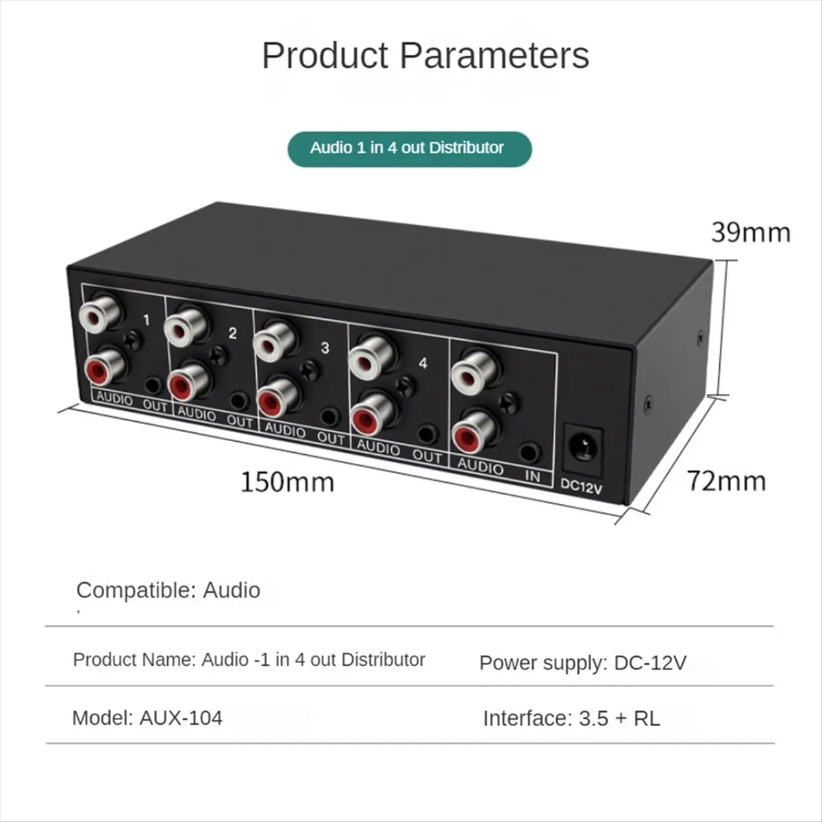 Audio Splitter 1 in 4 Out L/R Aux Stereo Audio Splitter 1X4 Audio Distributor for PC DVD Speaker Splitte, EU Plug-DT30