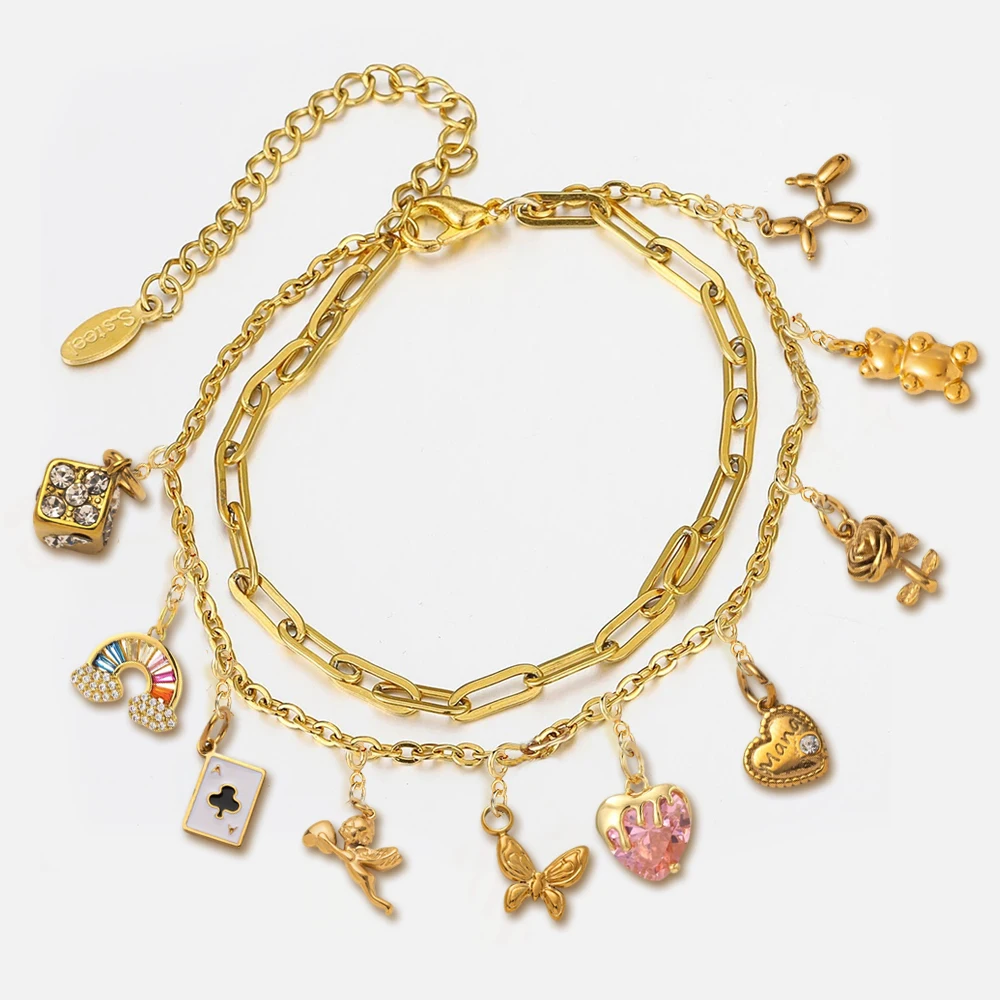 INS DIY Making Charms Gold Color Heart Cupid Bear Cute Rainbow Rose Rainbow Pendant For Bracelet Necklace Accessories Gifts