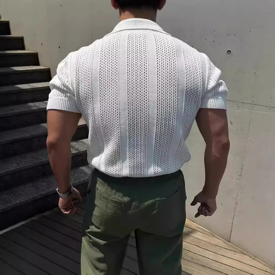 베이스 레이어 남성용 통기성 홀로우 아웃 셔츠 2026 봄 여름 실크 코튼 아이스 실크 메쉬 커프드 슬리브 니트 티셔츠