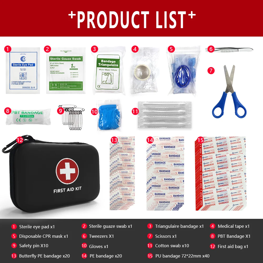 Kit de bolsa de primeros auxilios médica de emergencia portátil, 91 Uds., para el hogar, viajes al aire libre, equipo de Camping, medicina de supervivencia