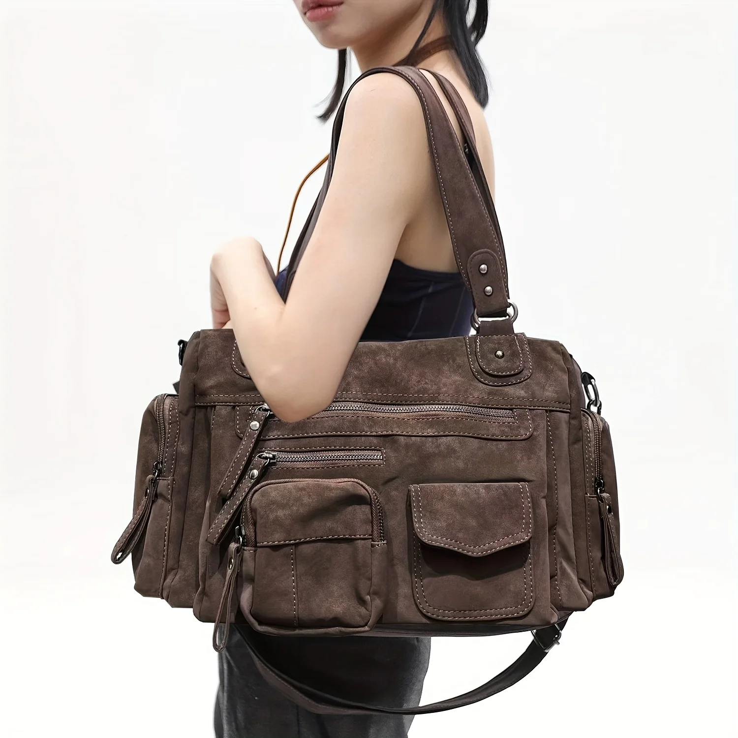 

Ladies' fashion Y2K hot girl frosted vegan leather tote bag, large capacity retro punk street shoulder bag