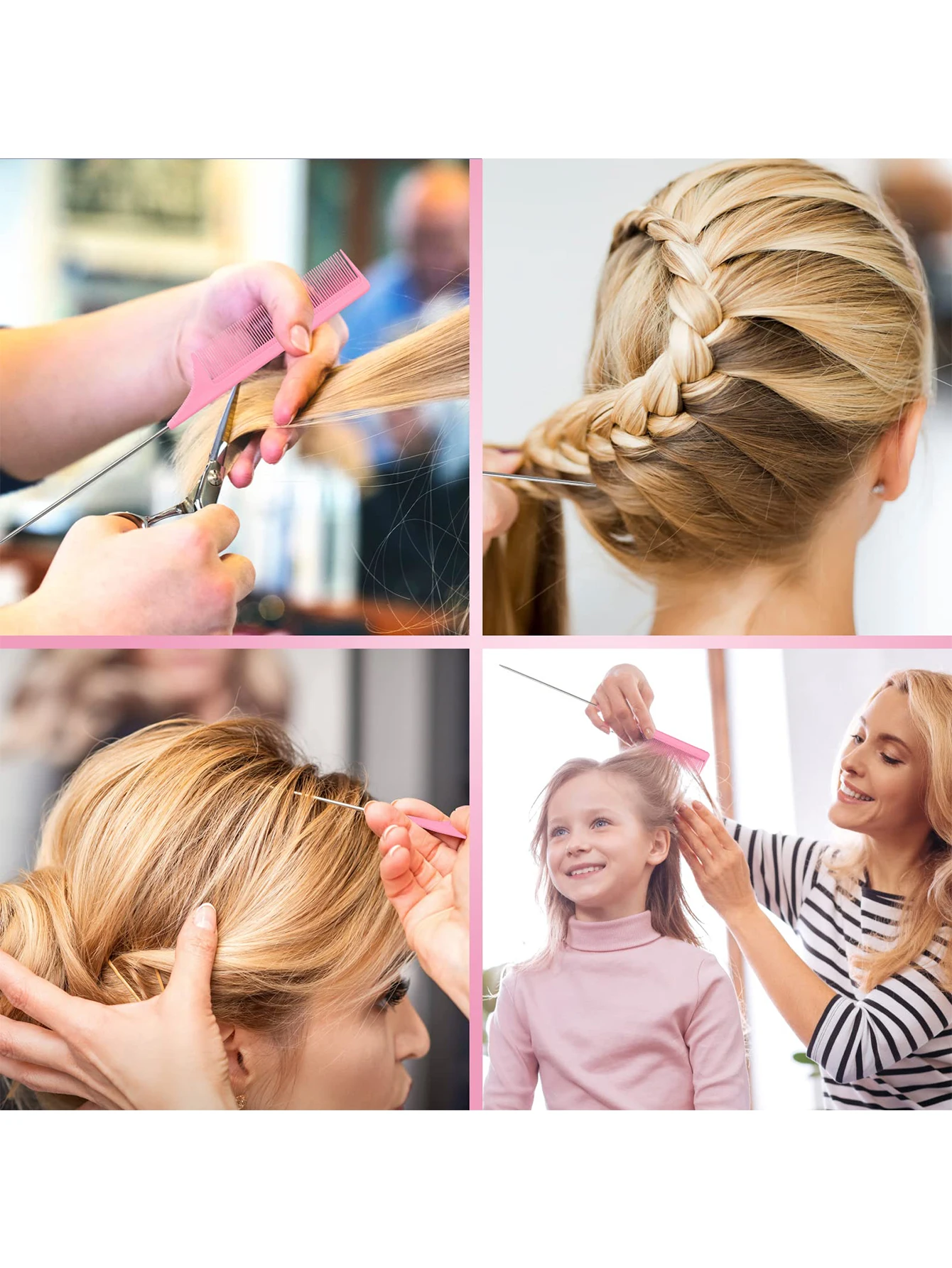 3Pcs Pro Styling Brush Kit - Teasing/Edge/Braiding Combs Set with Rat Tail & Loop Tools for Slick Back Hair & Updos