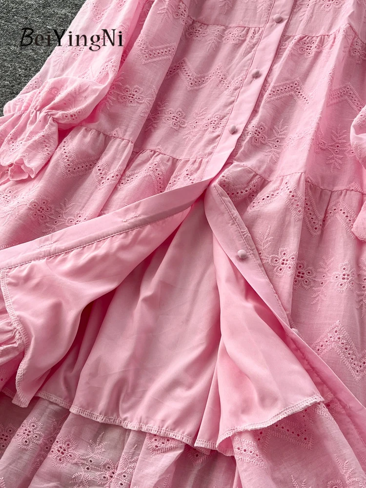 Beiyingni 2026 nouvelle mode dentelle épissé longue robe ample femmes Vintage à la mode décontracté simple boutonnage chemises Robes dames Robes