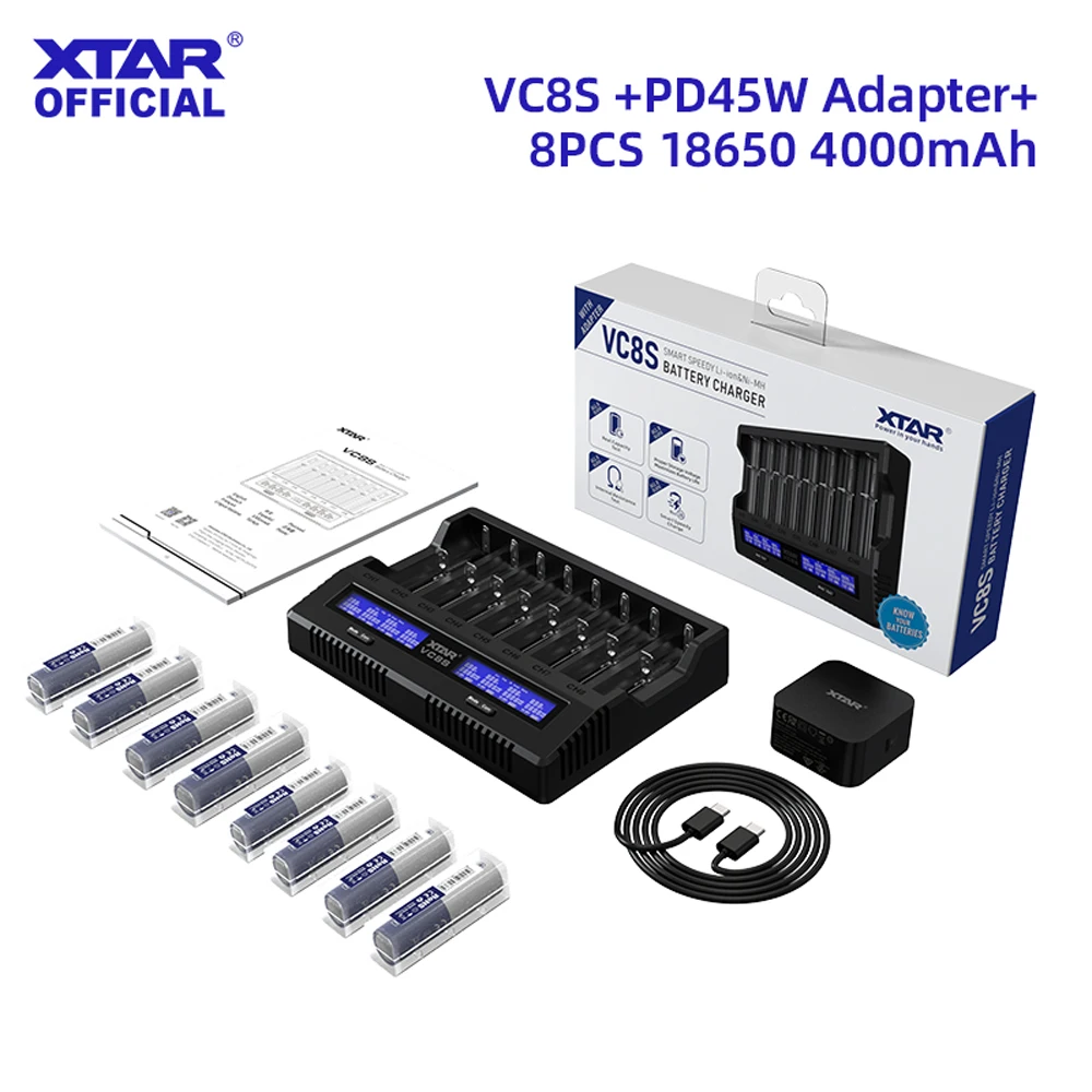 XTAR VC8S Charger + 8×18650 4000mAh/21700 6000mAh Combo Full Kit 8-Slot Fast Charging & Capacity Test & Storage Mode
