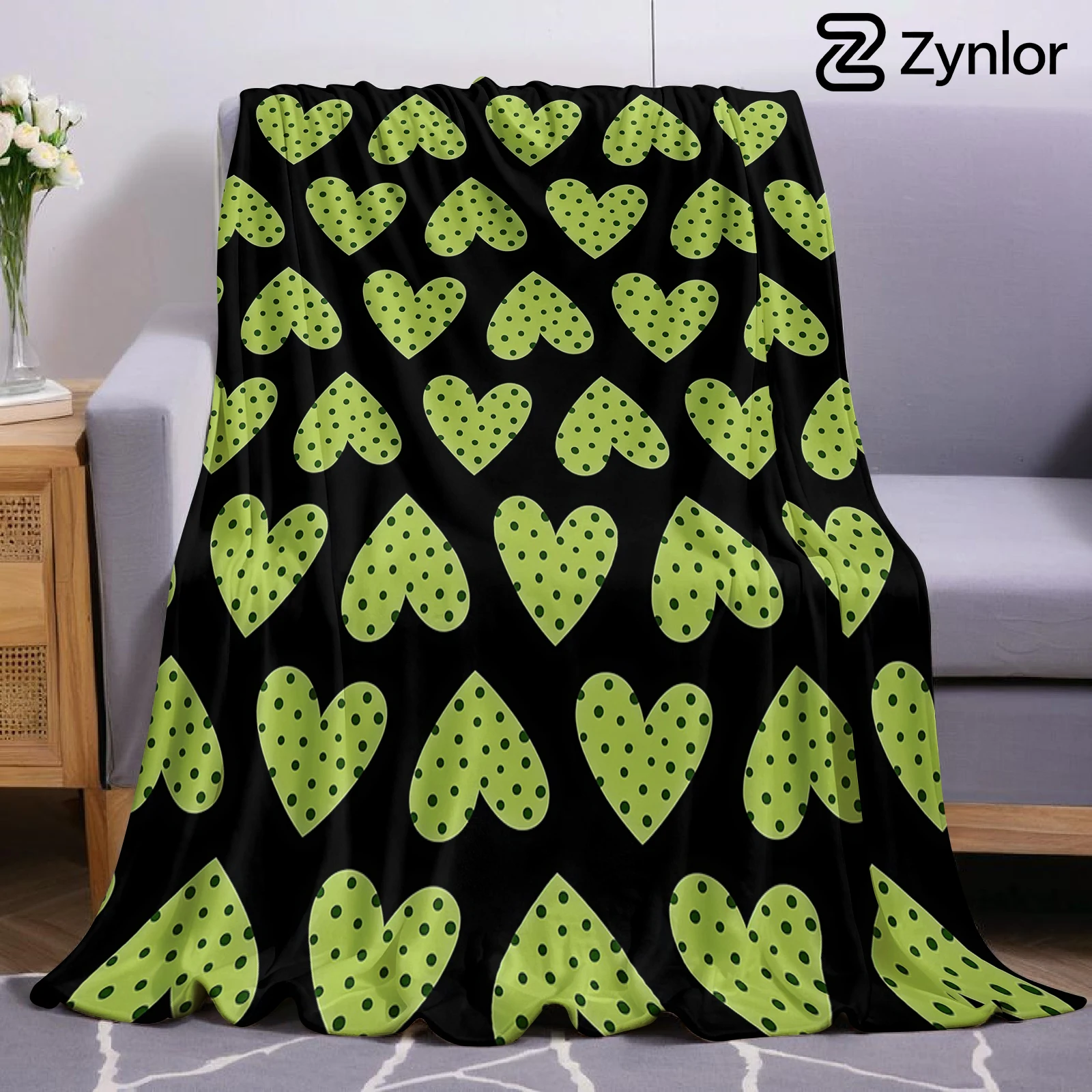 Green Polka Dot Hearts Lightweight Microfiber Soft Christmas Fleece Blanket Warm Cozy Throw for Sofa Office Travel All Season