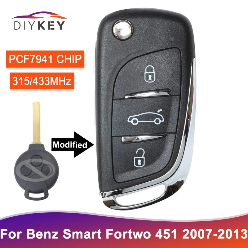 DIYKEY Upgraded Flip Remote 315MHz 433MHz PCF7941 Chip For Benz Smart Fortwo 451 2007-2013 Car Key Fob 3 Buttons