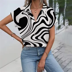 Daily Casual Women's Shirt Classic Black Line Print Shirts & Blouses Women's Summer Clothes Short Sleeve Button Front Shirt Tops