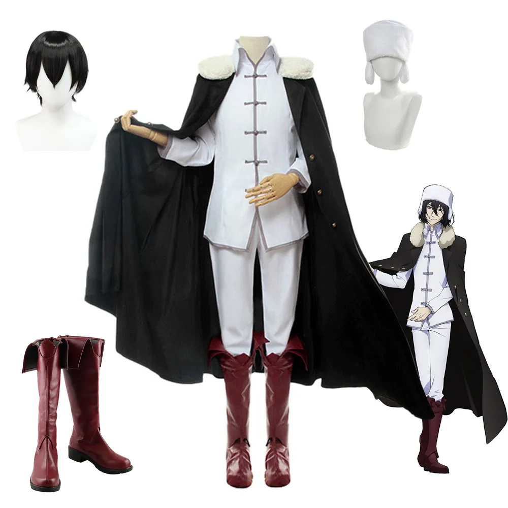 

Anime Bungou Stray Dogs 3rd Season Fyodor D Cosplay Costume White Uniforms Cloak Hat Black Wig Shoes Boots for Adult Halloween