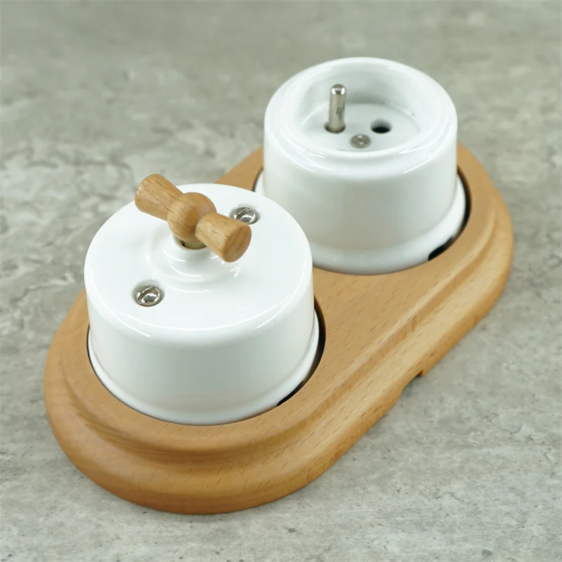 Surface-Mounted Wooden Frames For Porcelain Wall Switch And French Socket White