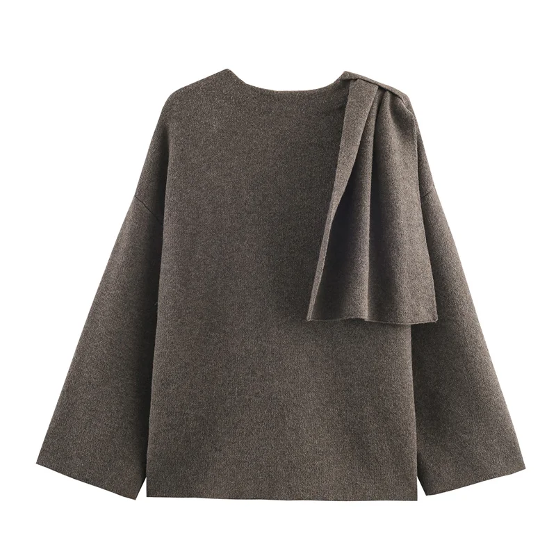 Top feminino 2025 outono novo estilo cinza manga comprida lenço-capa de malha decorada elegante e elegante