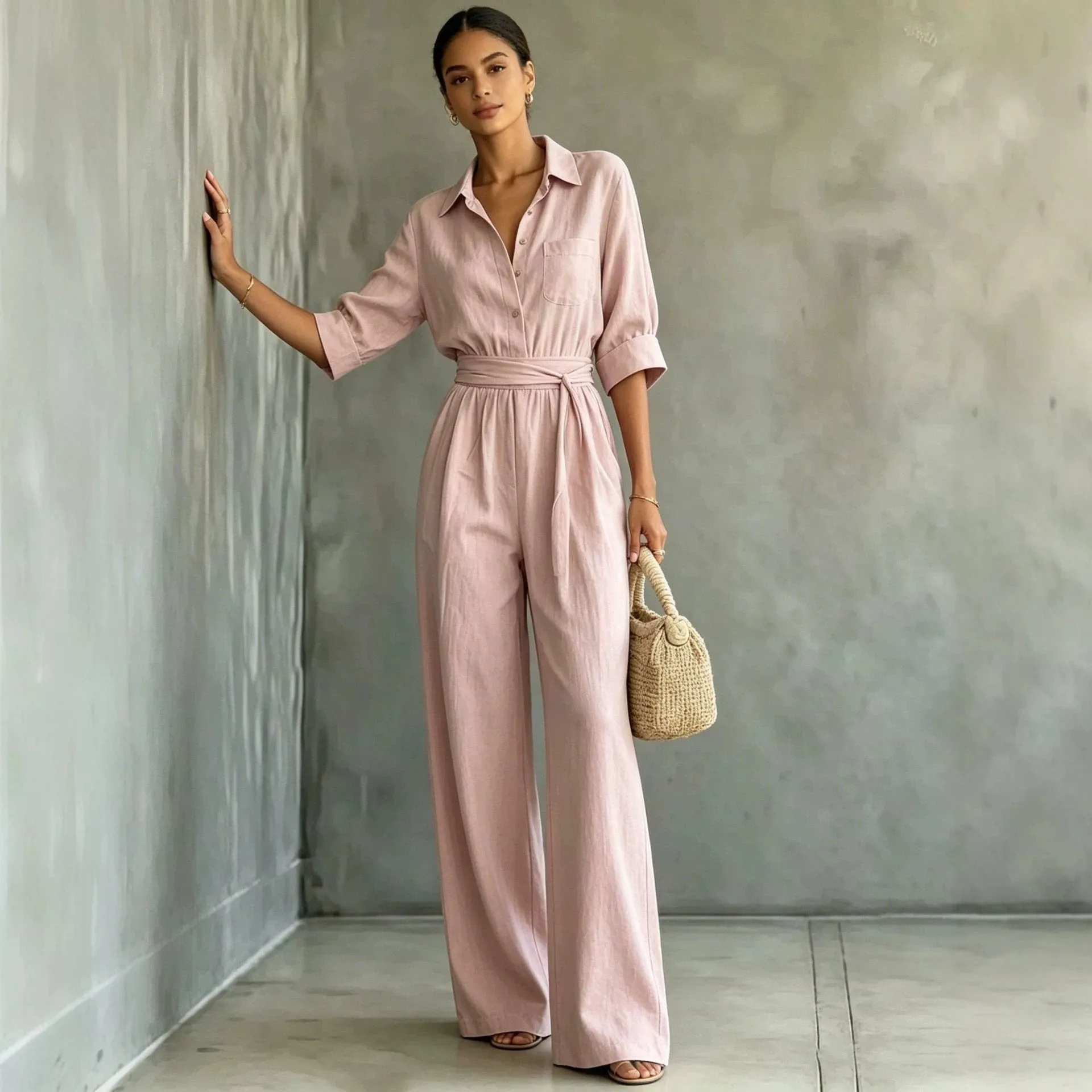 

Women Jumpsuit Casual Summer Tie Waist Romper Button Front Chest Pocket Overalls Wide Leg Pants Beige Black Women's Jump Suit