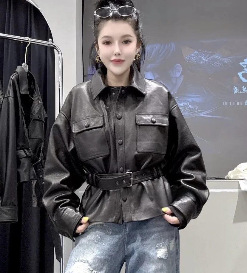 Bla ライチ柄本革ジャケット レディース ウエストシンチング オート スリミング バイカー コート Sサイズ l アウター