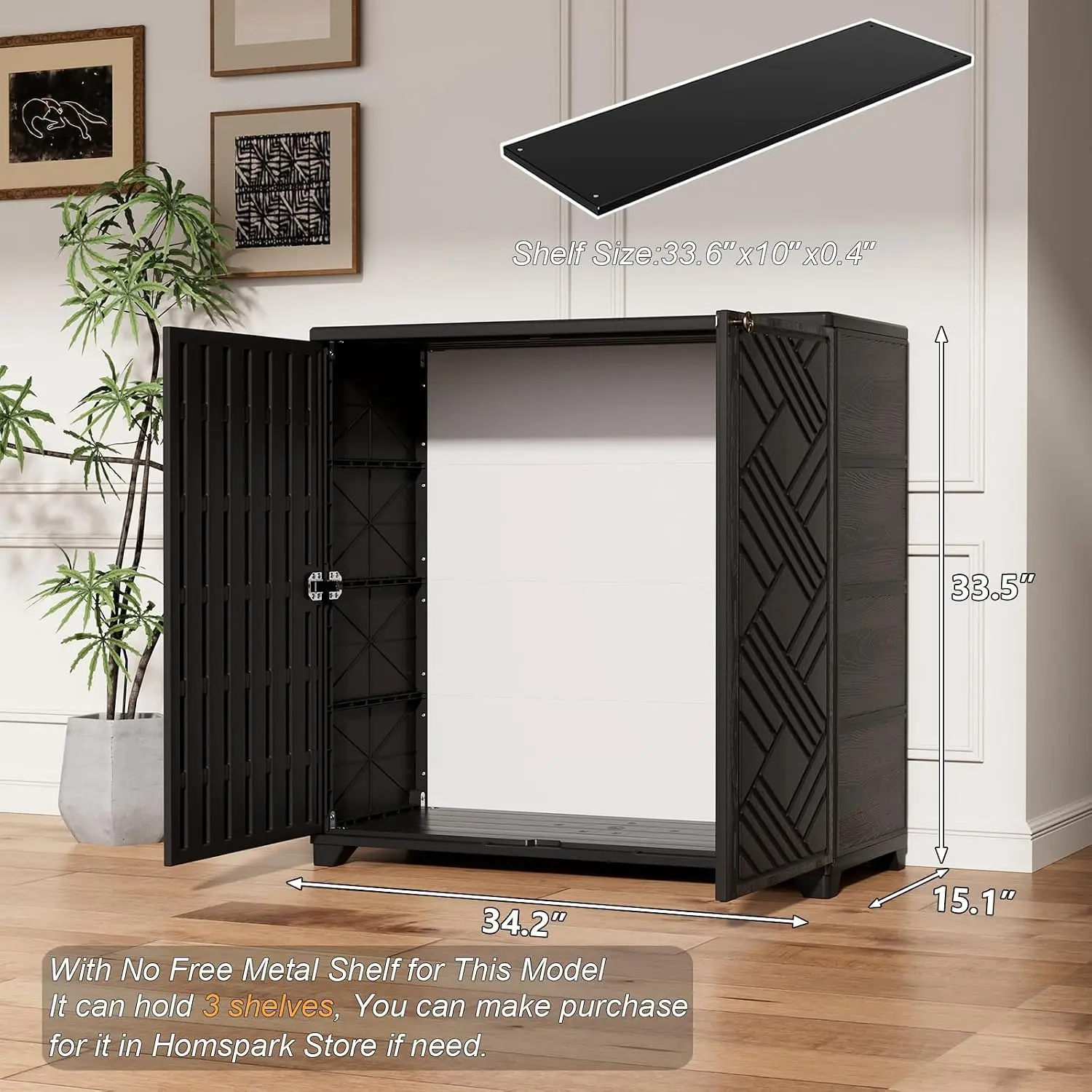 Black HDPE Plastic Storage Cabinet with Doors, 34”x15”x34”, Indoor/Outdoor Storage Box, Multi-Purpose Organizer for Daily Tools, Bedroom, Bathroom, Living Room and Balcony