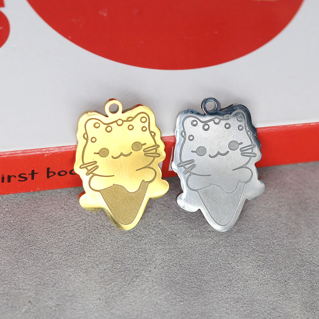 2PCS Cute Kitty Ice Cream Stainless Steel Pendant Charms For Jewelry Making DIY Craft Necklace Keychain Cartoon Cat Accessories