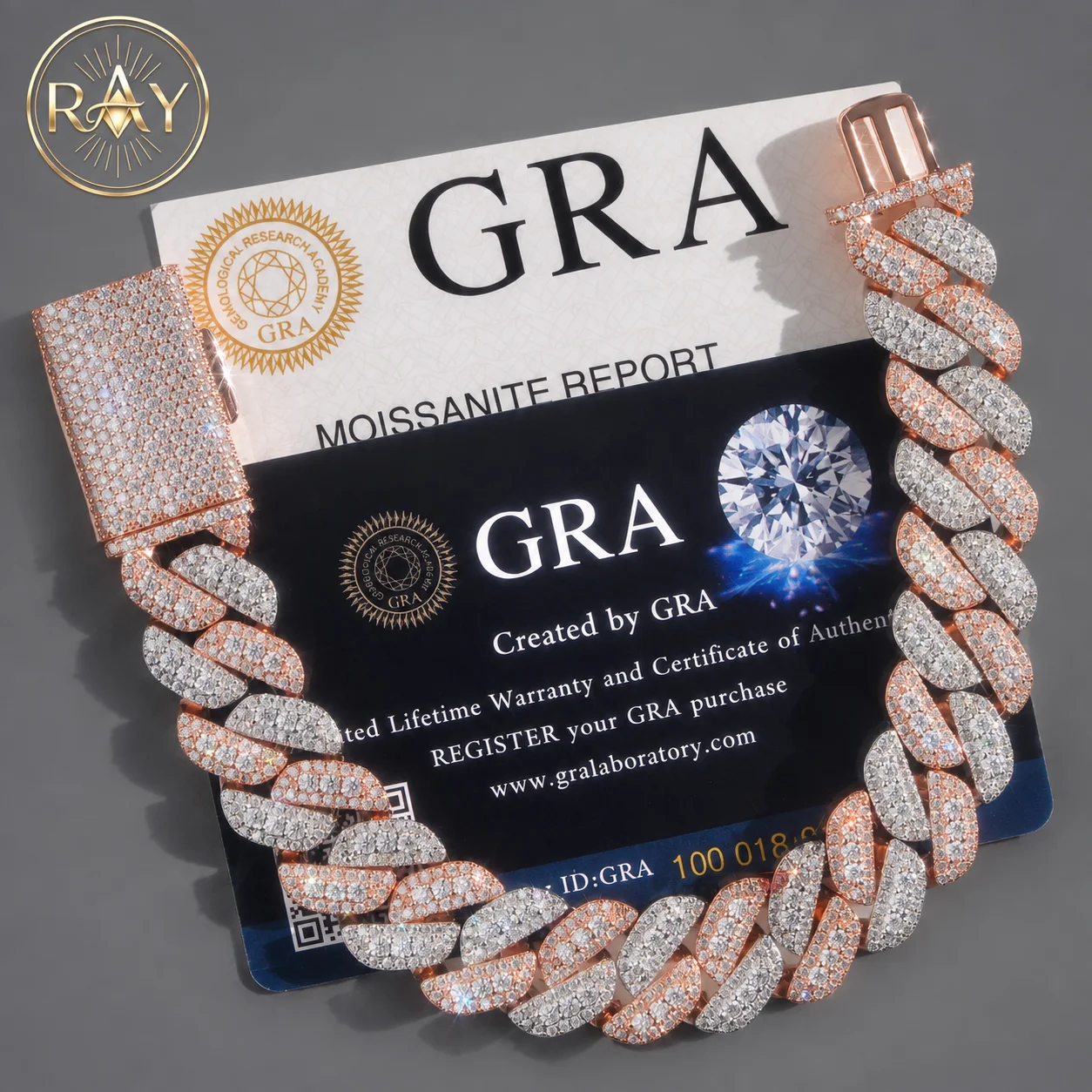 Gold .RAY Rose Plated Two Tone Iced 13mm 925 Sterling Silver GRA Certified Pass Tester Hop Jewelry Vvs Moissanite Cuban Link
