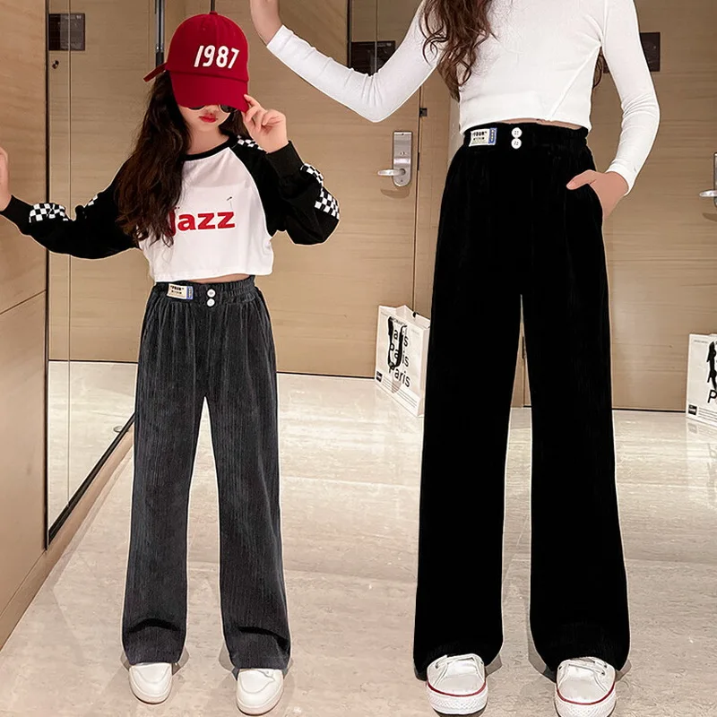 Children's Pants 2025 Spring Autumn Teen Girls Wide Leg Pants Kids Clothing Casual Loose Girls Chenille Trousers