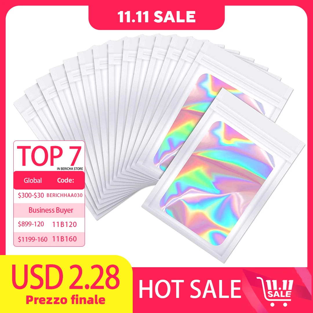 50pcs/lot Thicken Ziplock Bags Holographic Laser Color Plastic Pouch For DIY Jewelry Retail Storage Pouch Zip Lock Bag NO Hole