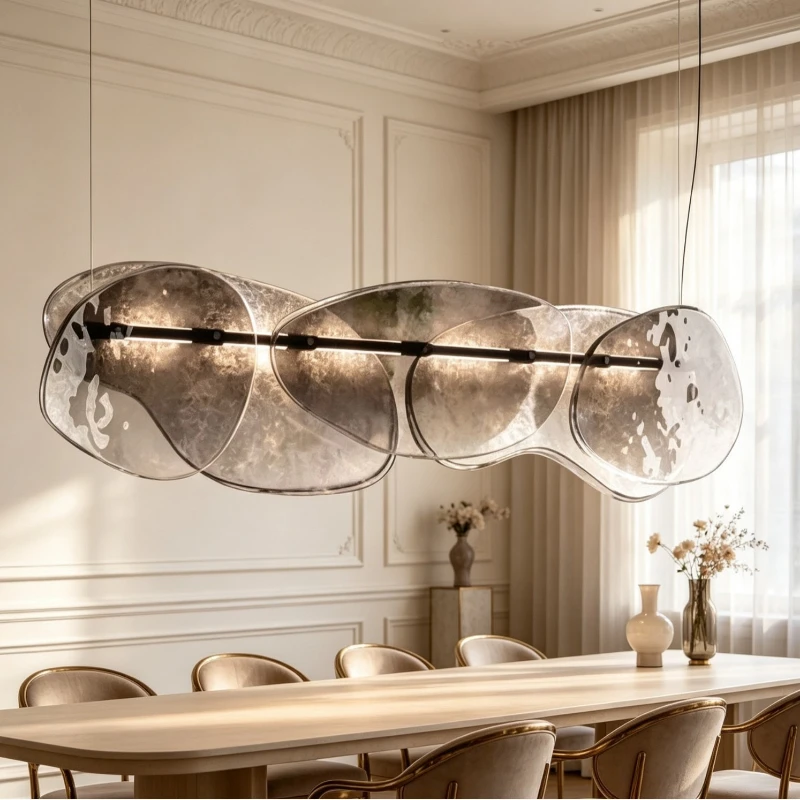 Modern light luxury long glass restaurant retro texture glass chandelier minimalist