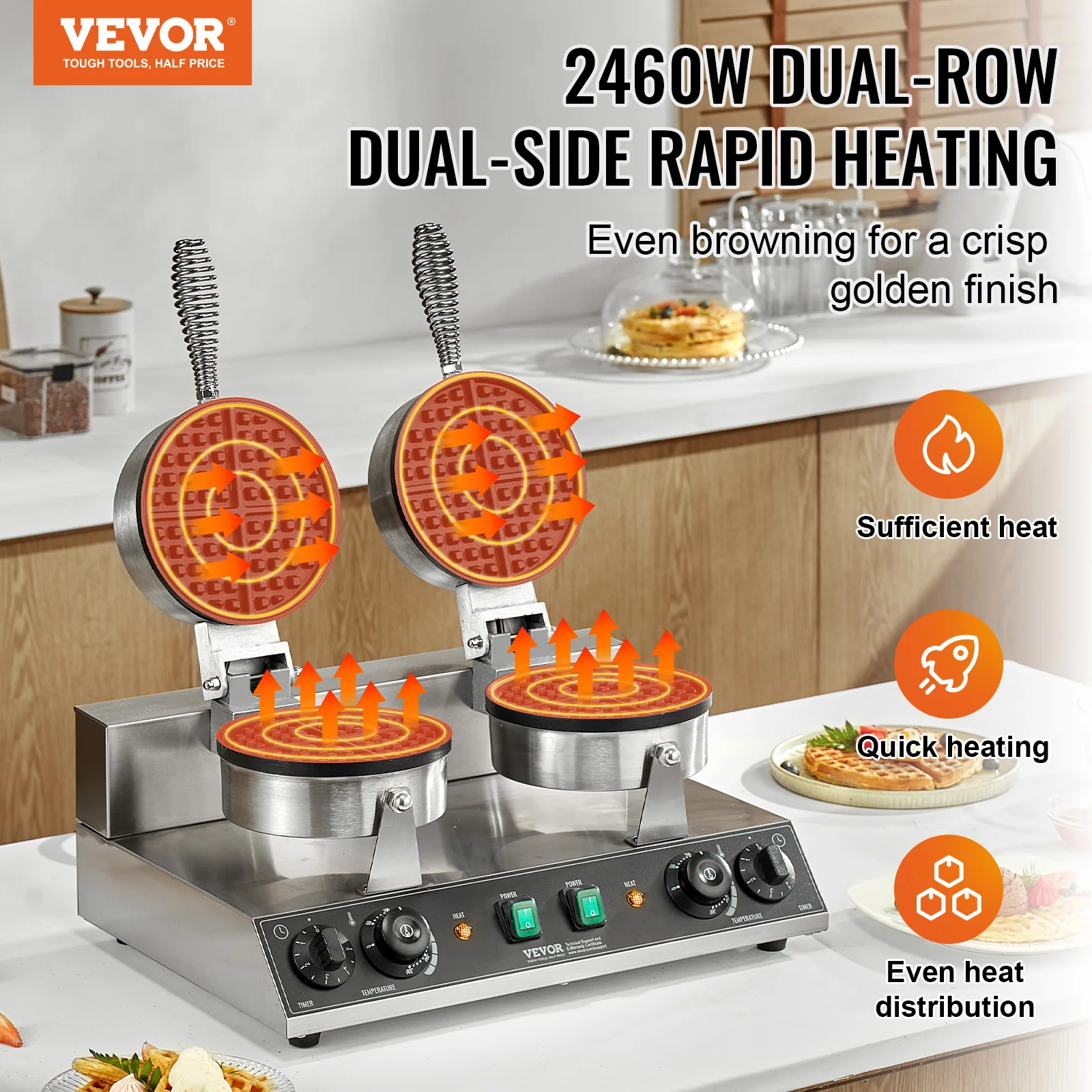 VEVOR Commercial Waffle Maker Dual-Head Round Waffle Baker Machine 2460W Non-Stick Stainless Steel Belgian Waffle Iron with Temp