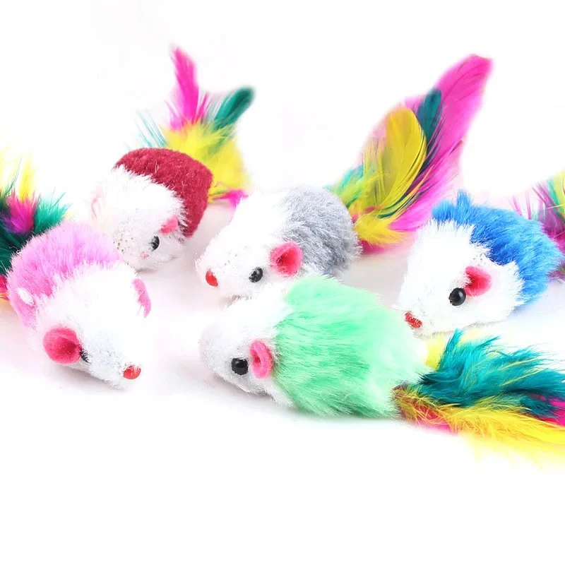 Cute Cat Toys Soft Fleece False Mouse Kitten Toys Funny Cat Toy with Colorful Feather Interactive Cats Toy Cat Accessories