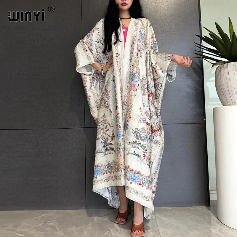 WINYI High-grade double-sided Bohemian Printed silk dress coat Beach Wear Cover up fashion elegant Holiday party Cardigan kimono