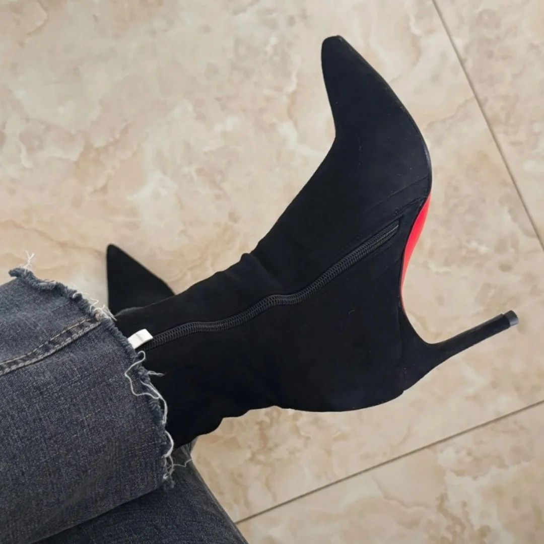

Women's Red-Soled Ankle Boots 2026 Winter New Style Black Stiletto Heeled Pointed Toe High Heels Sexy Elastic Slim Fit Boots New