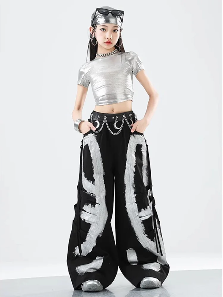 Hip Hop Mädchen Silber Kurzen Ärmeln Weste Lose Graffiti Hosen K-pop Kostüm Kind Streetwear Kinder Jazz Street Dance Kleidung set