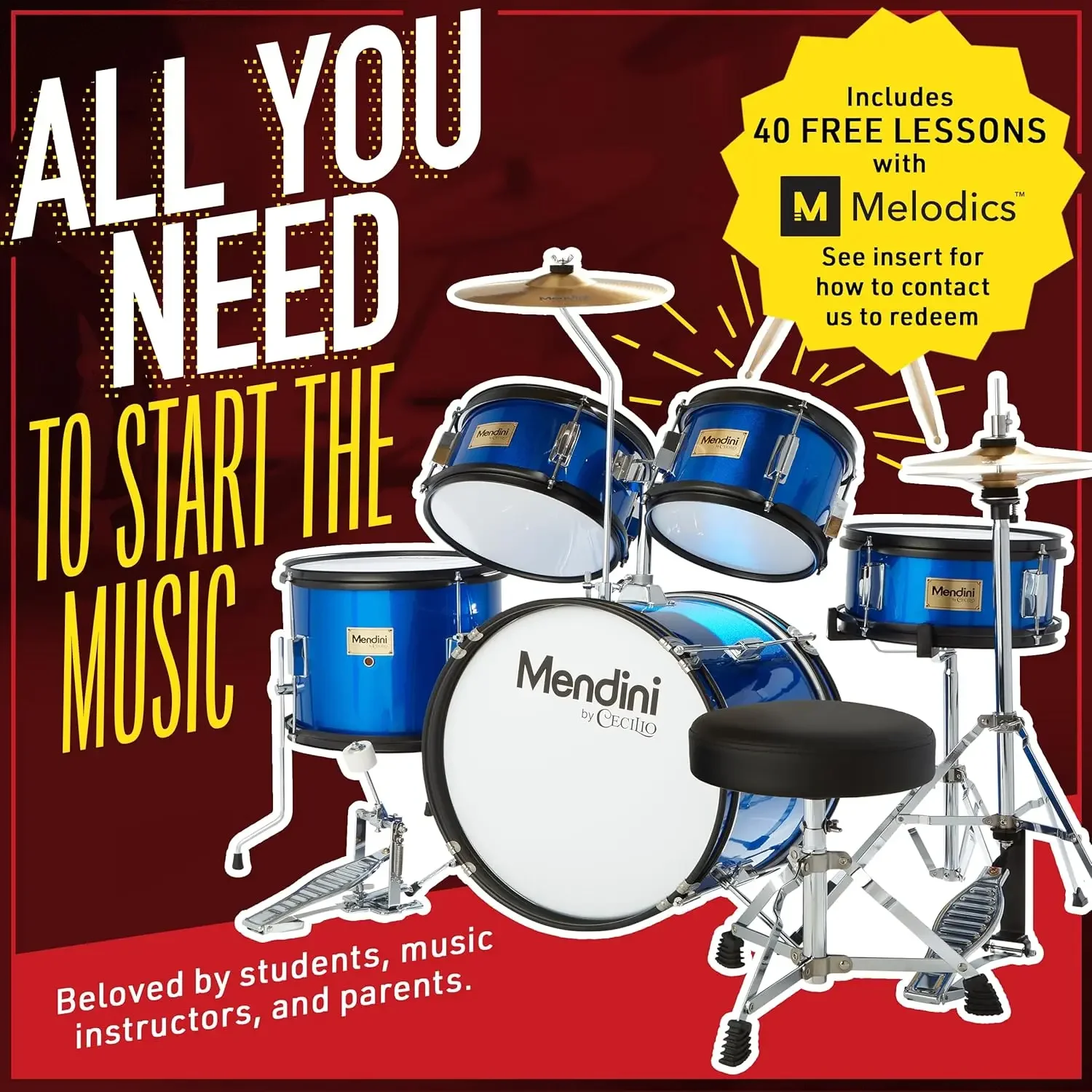 by Cecilio Kids Drum Set 5 Piece - Full 16in Youth Drumset with Bass, Toms, Snare Drum, Cymbal, Hi-Hat, Drumsticks & Sea