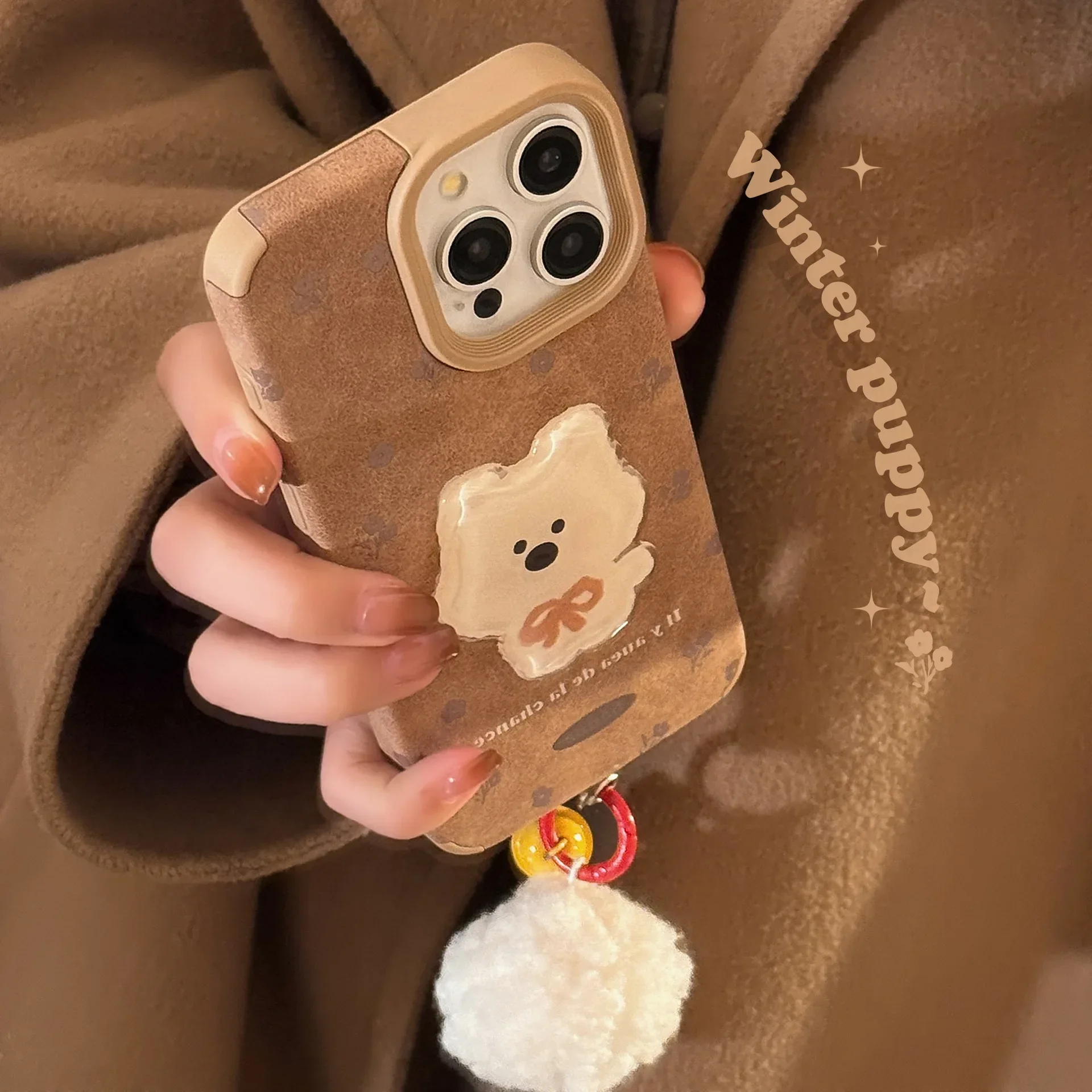 Autumn Winter puppy doll Plush pendant Suede leather Phone Case For iPhone 16 15 14 13 12 Pro Max Case Cute Luxury Cartoon Cover