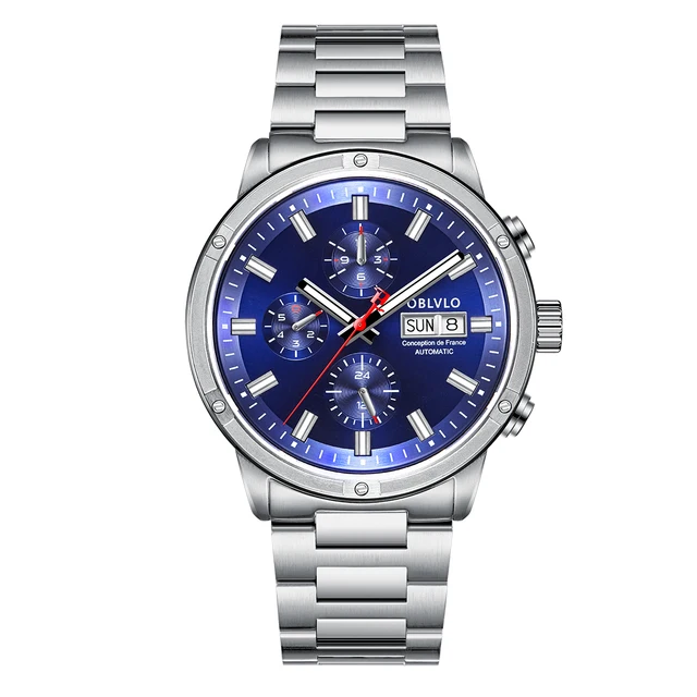 OBLVLO Men Automatic Watch 42mm Vintage Mechanical WristwatchWaterproof Sapphire Luminous Multi-Dial Month Week Date