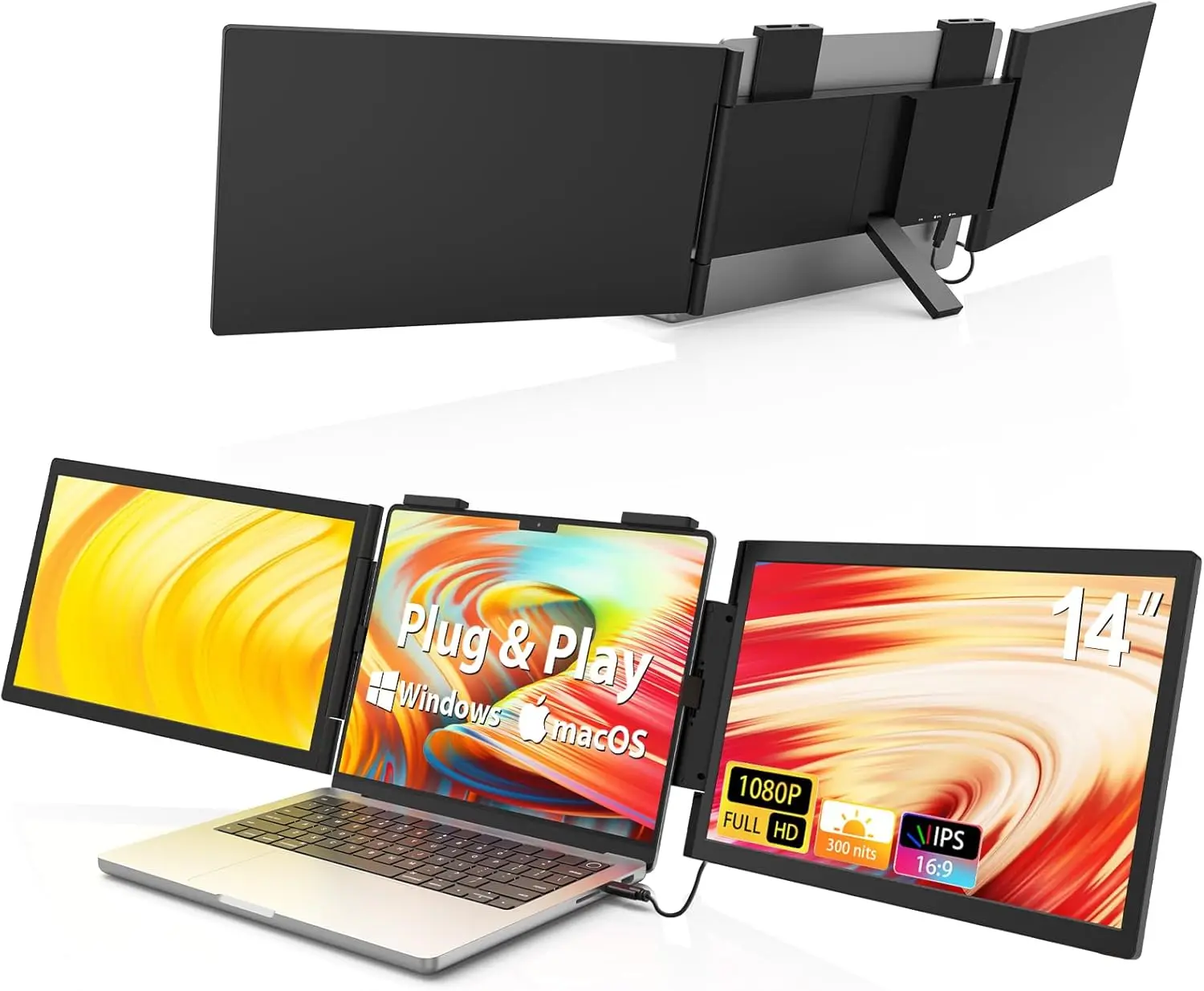 

14 Inch 1080P FHD USB-C Plug & Play Portable For Book & Windows IPS Triple Screen Laptop Extender