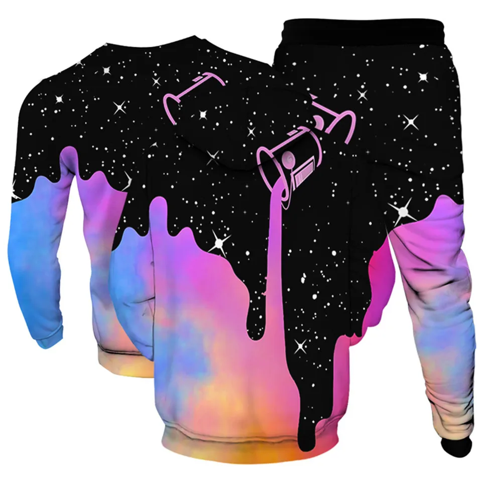 Harajuku Drop Colorful Milk Vortex Galaxy Print Homme Clothes Suit Hoodies+Sweatshirt+Trousers 3Pc Men Tracksuit Teen Unisex Set